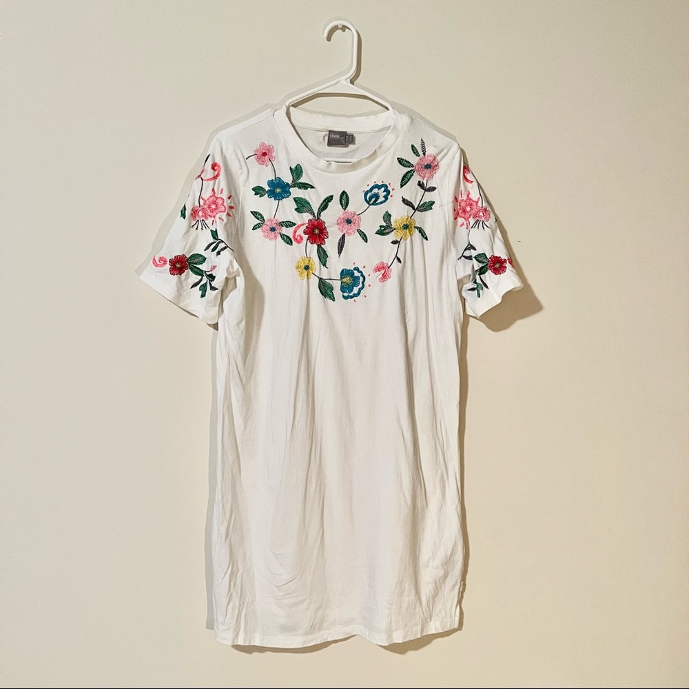 Asos White Floral Embroidery Tshirt Mini Dress